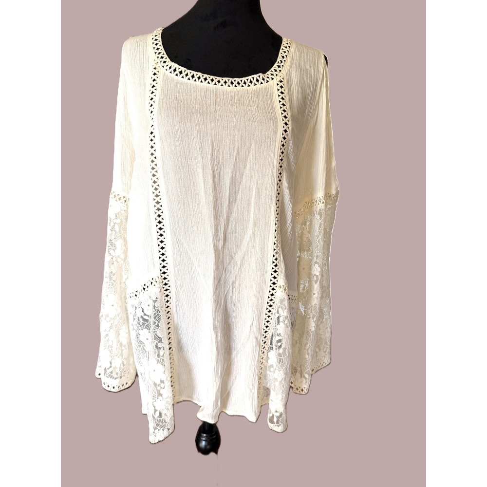 Umgee Plus Size Boho Gauze Top Ivory Lace Cold Shoulder Bell Sleeve Blouse 1XL‎